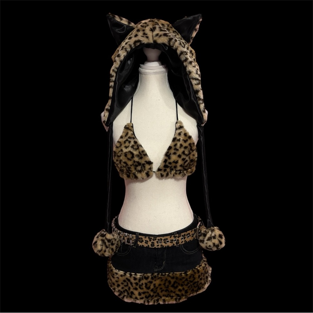 Leopard Print Hooded Bikini and Skirt Set